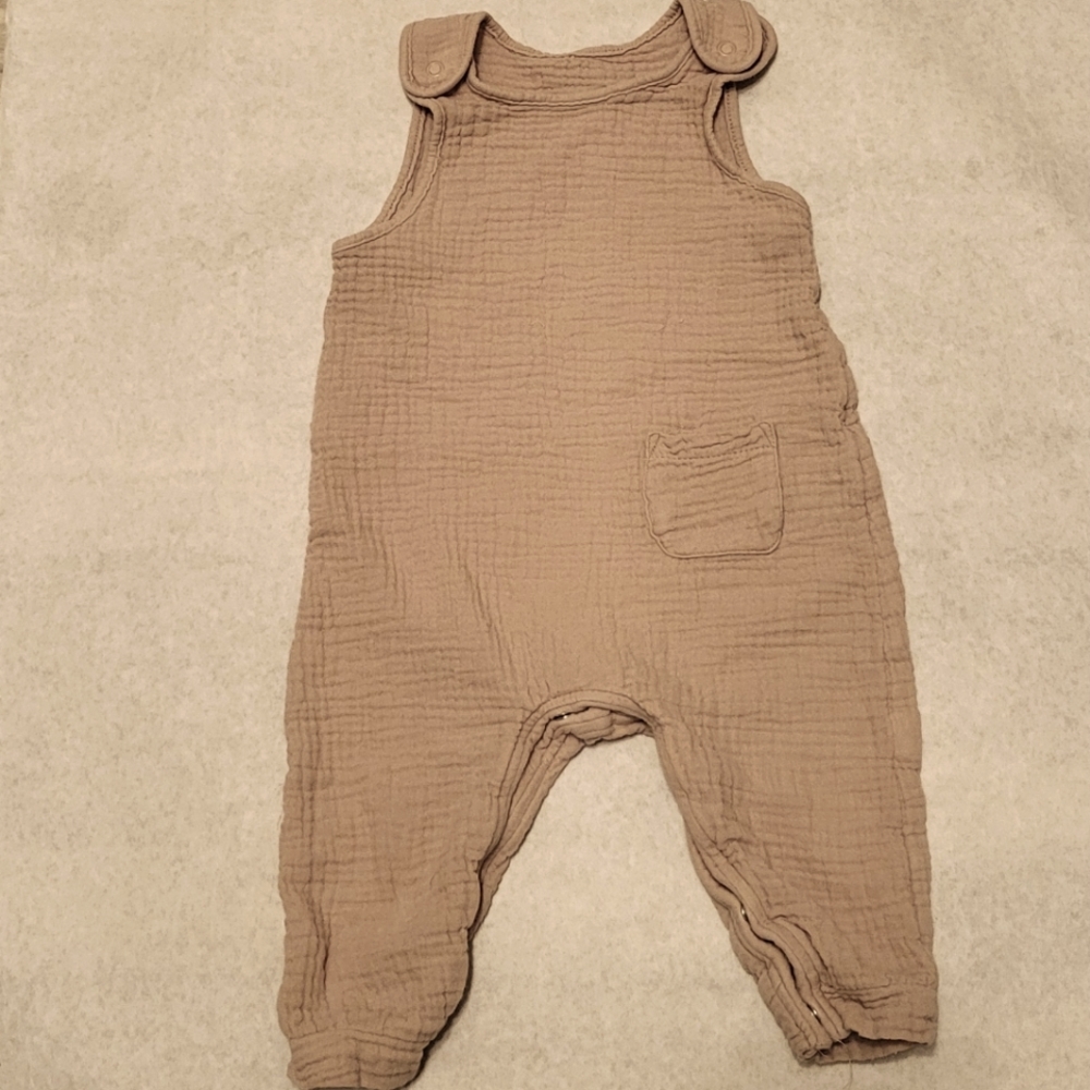 Sand colored seersucker one piece footless romper